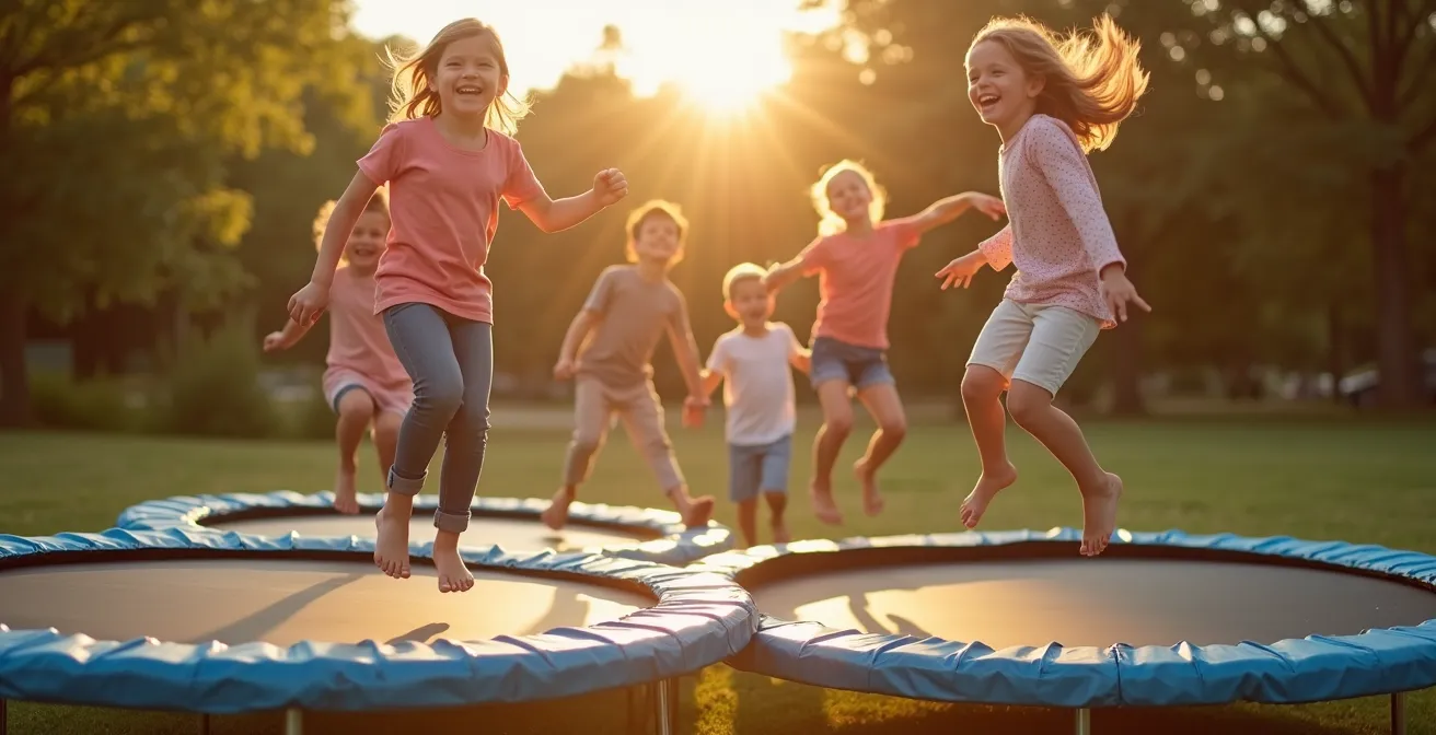 Glückliche Familie beim gemeinsamen Springen auf einem Trampolin, lachende Gesichter, freundschaftliche Umarmungen
