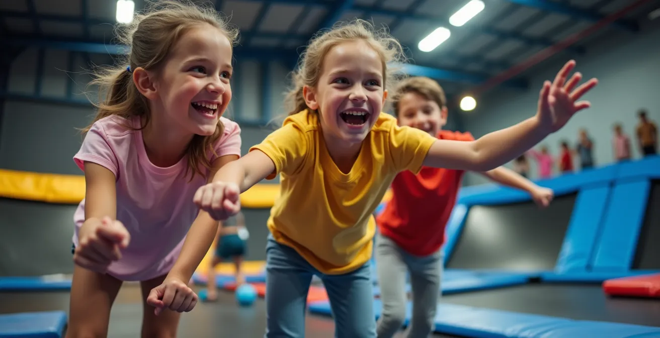 Mehrgenerationen-Gruppe spielt und lacht gemeinsam in einem Trampolinpark während eines Events