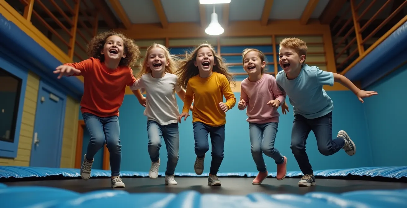 Gruppe von Freunden lacht ausgelassen beim gemeinsamen Springen im Trampolinpark