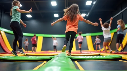 Belebte Trampolinhalle voller Menschen unterschiedlichen Alters, die Spaß beim Springen und Spielen haben, mit heller und dynamischer Atmosphäre