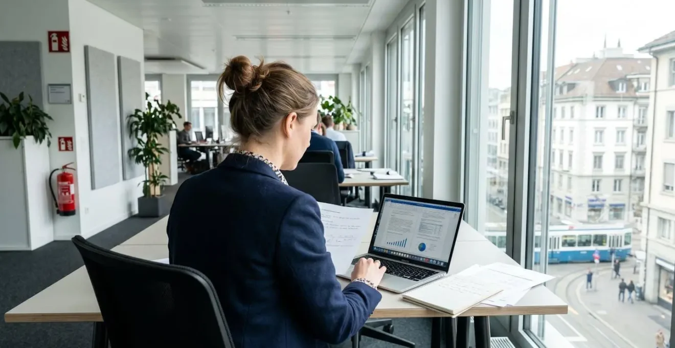 Rückenansicht einer Person im Business-Outfit, die Daten auf einem Laptop in einem hellen, modernen Büro analysiert