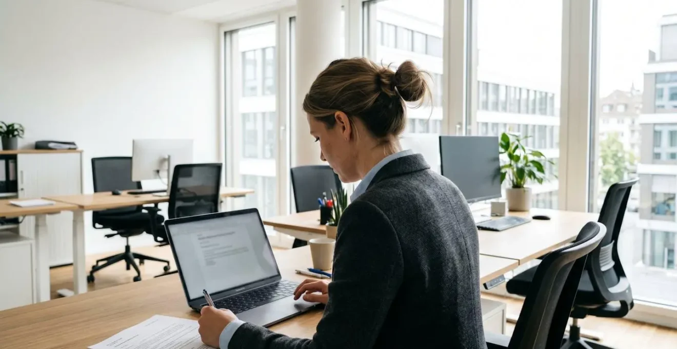 Rückenansicht einer Person im Business-Outfit, die Daten auf einem Laptop in einem hellen, modernen Büro analysiert
