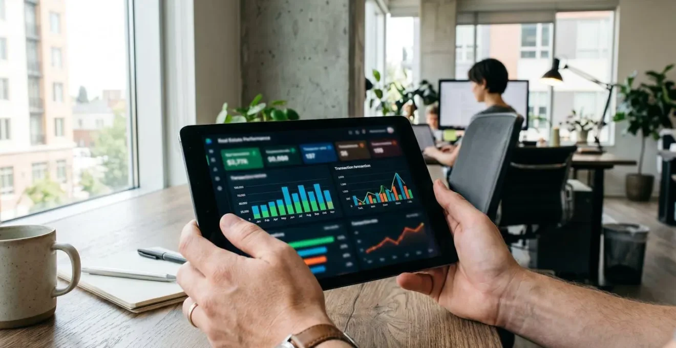 Nahaufnahme eines Tablets, das Immobilien-Performance-Statistiken mit Grafiken und Zahlen anzeigt, auf einem modernen Schreibtisch