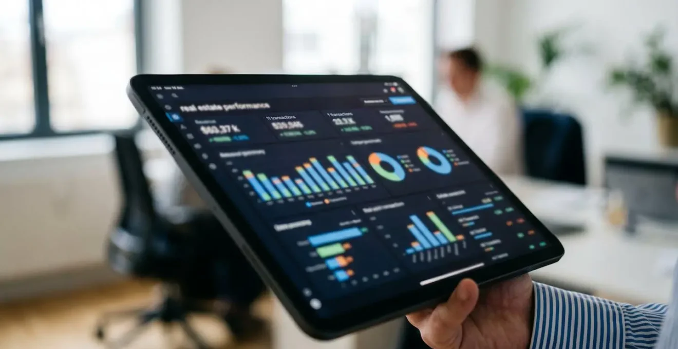 Nahaufnahme eines Tablets, das Immobilien-Performance-Statistiken mit Grafiken und Zahlen anzeigt, auf einem modernen Schreibtisch