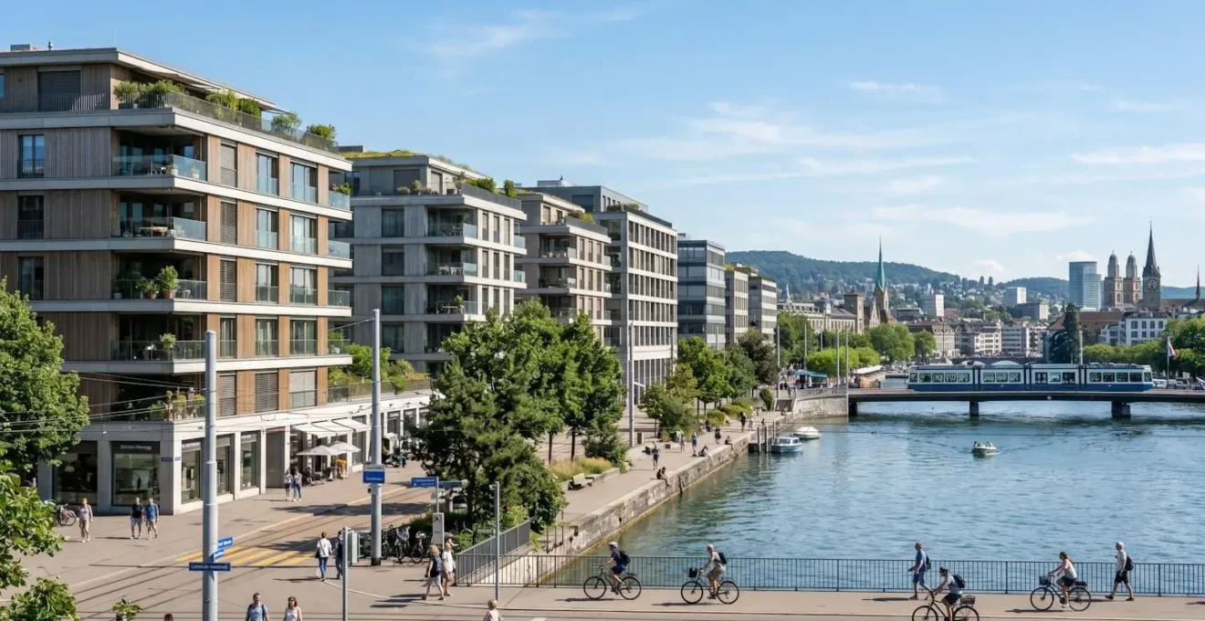 Moderne Wohngebäude im Stadtzentrum von Zürich an einem klaren, sonnigen Tag