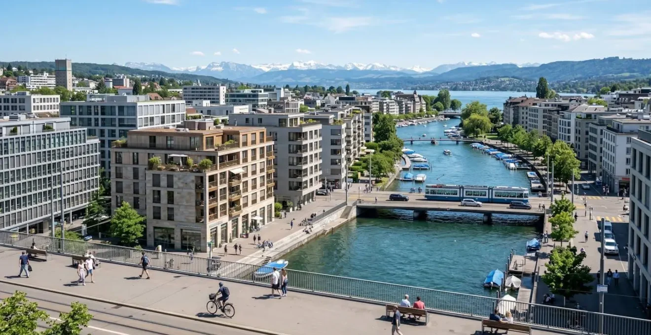 Moderne Wohngebäude im Stadtzentrum von Zürich an einem klaren, sonnigen Tag