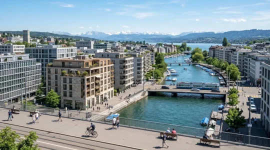 Moderne Wohngebäude im Stadtzentrum von Zürich an einem klaren, sonnigen Tag