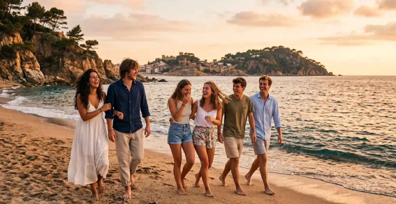 Gruppe junger Freunde am Strand von Lloret de Mar bei Sonnenuntergang