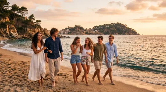 Gruppe junger Freunde am Strand von Lloret de Mar bei Sonnenuntergang